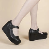 Spring Platform Shoes Wedge High Heels Women's Pumps Black Mary Janes Ladies Strap Leather Work