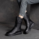 Mid Calf Women's Boots Wedge Heel Biker Shoes for Woman Half High Leather Brown Fashion 2023 on Offer Free Shipping