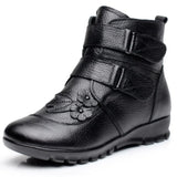Winter Genuine Split Leather Ladies Ankle Short Boots Soild Flat Flower Round Toe Plush Platform Women