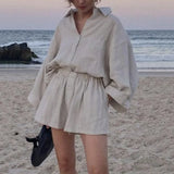 Two Piece Set Casual Long Sleeve Turn-down Collar Cotton Linen Loose Blouse Shirts And High Waist Shorts Retro