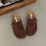New Spring Suede Flats Close Toe Slippers Women Flat Thick Bottom Mules Shoes Fashion Outdoor Slides Retro Britain