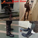 High Heels Women Mid Calf Boots 2023 Hot Punk Gothic Knee High Motorcycles Boots Buckle Comfy Walking Boots Autumn