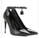 Lock High Heel Pointed Toe Pump Ankle Strap Metal Heels Padlock Pumps Low Cut-out Patchwrok Banquet Dress Shoes Plus