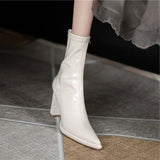 Women's Boots High Heels Half Footwear White Pointed Toe Elastic Shoes for Woman Mid Calf Elegant Heeled 2023 New Spring Pu