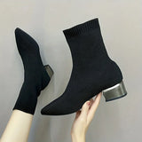 Women's Knitted Ankle Boots Pointed Toe Stretchy Chunky med Heels Fashion Sock Short
