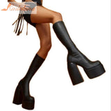 Dropship Sexy Party Elegant Chunky Platform Women Boots Great Quality Big Size 48 Walking Comfy Knee High