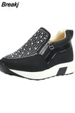 New Women Wedges Shiny Rhinestone Sneakers Spring Autumn Platform Height Increased Zipper Casual Ladies Vulcanized