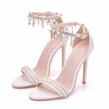 Queen Sexy Women Sandals High Heels Pearl Rhinestone 11CM Open Toe Ankle Strap Party Shoes