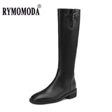 Women Knee High Boots 2022 Luxury Split Cow Genuine Leather Brown Black ZIP Low Block Heel High Quality Long Boot Handmade