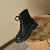 Women Genuine Leather Motorcycle Boots Platform Thick Heel Round Toe Shoes Med Heel Lace Up Ladies Boots Autumn