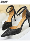 Elegant Party Sandals Metal Stiletto Glitter Pumps Luxury Women's Wedding Shoes Bride Gold Silver 2023 Women High