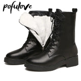Women's Boots Winter Shoes Black Leather Fur Boots Plush Warm Ankle Booties Platform Chunky Boots Fashion