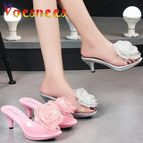 Three-Dimensional Flowers Slippers Summer Transparent Sandals Beach Shoes Thin High Heels Walk Show Crystal Party Women