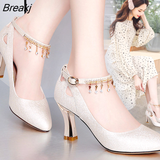 Wedding Bridal Shoes for Women Autumn Round Toe Block Heels Rhinestone Pearl Platform High Quality Pumps Woman's