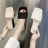 Women's Summer PU Leather Solid Color Square Toe Plain Sandals Women's Outdoor Beach Shoes Slippers Women's Fashion