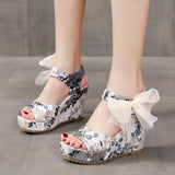 Breakj Slope Heel Sandals Women 2025 Bohemian Embroidered Toe High-Heeled Lace Lace Strap Fish