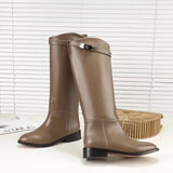 New Women Motorcycle Booties Belt Strap Metal Shark Lock Flat Heel Knee High Boots Woman Shoes Genuine Leather Botas