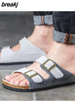 New Summer Men Beach Suede Cork Slipper Couple Shoe Casual Nubuck Leather Women Outdoor Double Buckle Slide