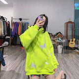 Butterfly Fluorescent Green Sweatshirt Women Hoodies Autumn Winter 2021 New Plus Velvet Thickened Student