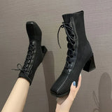 Women's Square Toe Ankle Boots Autumn Winter Fashion Stitching Knitted Elastic Stockings Boots High-heeled Short