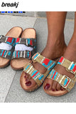 Designer New Retro Ethnic Style Gold Buckle Spot Drill Decorative Hollow Open Toe Women Slippers Flat woman 2023