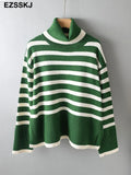striped oversize Turtleneck Sweater for Women female Knitted casual split side Long Sleeve loose