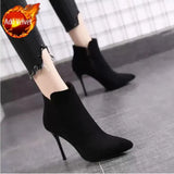 Black Footwear Pointed Toe Short Shoes for Woman Heeled Women's Ankle Boots Very High Heels Suede on Offer Free