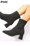 Women Elastic Knitted Socks Boots Woman Slip on Stretch Fabric Ankle Boots Autumn Fashion Square Toe Thick High