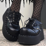 Size 43Trendy Lovely Black Bat Platform Wedges Lace Up Spring women's Pumps Round Toe Rivet Coslplay Lolita Punk High