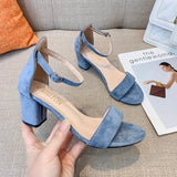 High Heel Sandals Women's Shoes Women's Summer Women's Leather Velvet Open Toe Thick Heel Buckle Bag Heel Size