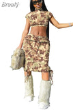 Spring Camouflage Women Streetwear Women Turtleneck Shorts Crop Top And Skinny Skirts Casual Matching 2pcs Outfits