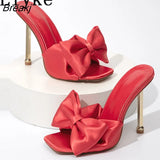 Fashion Yellow Green Silk Butterfly-Knot Women Slippers Mule High Heels Gladiator Sandals Flip Flop Square Toe Party
