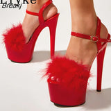 Sexy 17cm Red High Heels Platform Pole Dance Stripper Shoes Women Fashion Fur Fuzzy Peep Toe Buckle Strap Wedding