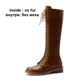 Women Genuine Leather Knee High Boots Round Toe Flat Zipper Ladies Boot Concise Lace-up Long Booties Autumn Winter