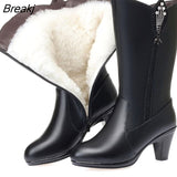 Winter Mid-Calf Boots Warm Wool Fur Shoes Woman High Heels Soft Genuine Leather Non-slip Women's Winter Boots