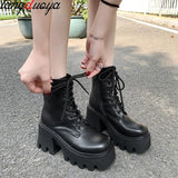 platform Boots Womens Ladies Chunky Wedge Platform Black Patent Leather Ankle Boots Punk Lady Botas Mujer