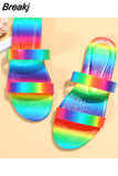 Summer New Fashion Beach Slippers Rainbow Open Toe Sexy Casual Women's Flat Large Sandals