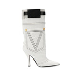 Furtado 2022 summer fashion blue denim Jeans boots Mid-calf Stilettos heels 8cm Women's boots lLarge size white boots
