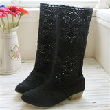Summer 2023 New Mesh Shoes Lace Low Heels Crochet Boots Beige Fashion Hollow Out Mid Calf Women's Boot Large Size 34