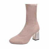 Color 7cm Square Heels Socks Boots Women Big Size 43 Stretch Fabric Elastic Pointed Toe Shoes Ankle Boot Woman