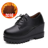 Autumn Fashion Women Genuine Leather Casual Lace-up Platform Wedges Pumps Lady Black With Heels Fall