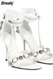 Thin High Women Sandals Fashion Summer 2023 Rivets Tassel Belt Buckle Genuine Leather Sandals High Quality Party