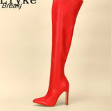 Autumn Winter Brown Leather Pointed Toe Over The Knee Thigh High Boots Women Fashion Zip Square Heels Motorcycle