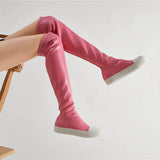 Stretch boots women flat platform patchwork runway autumn winter shoes thigh high boots elastic long booties 2021