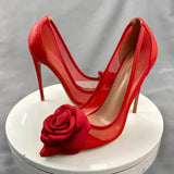 Women Sexy Patchwork Red Mesh Gauze Pointy Toe High Heel Party Shoes Elegant Flower Stiletto Pumps 8cm 10cm