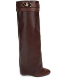 Lock Folded Woman Wedge Boots Black Leather Belt Height Increasing Knee High Boots Pointed Toe Winter Long Boots