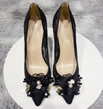 Flowers Bow Women Lace Mesh Pointy Toe High Heels Elegant Ladies Designer Stiletto Pumps Summer Dress Shoes Black