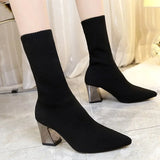 Black Boots Elegant Pointed Toe 2020 Fashion Spring Autumn Comfortable Stretch Boots Chunky Sexy High Heels Women