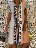 Summer Chic Printed Mid Length Pullover Dress Ladies Elegant V-Neck Short Sleeve Loose Resort Dress Retro A-Line Skirt