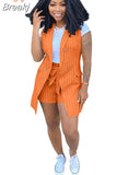Striped Print Two Piece Set Women Sleeveless Blazer Coat And Sashes Pants Outfits Office Lady Elegant Work 2pcs